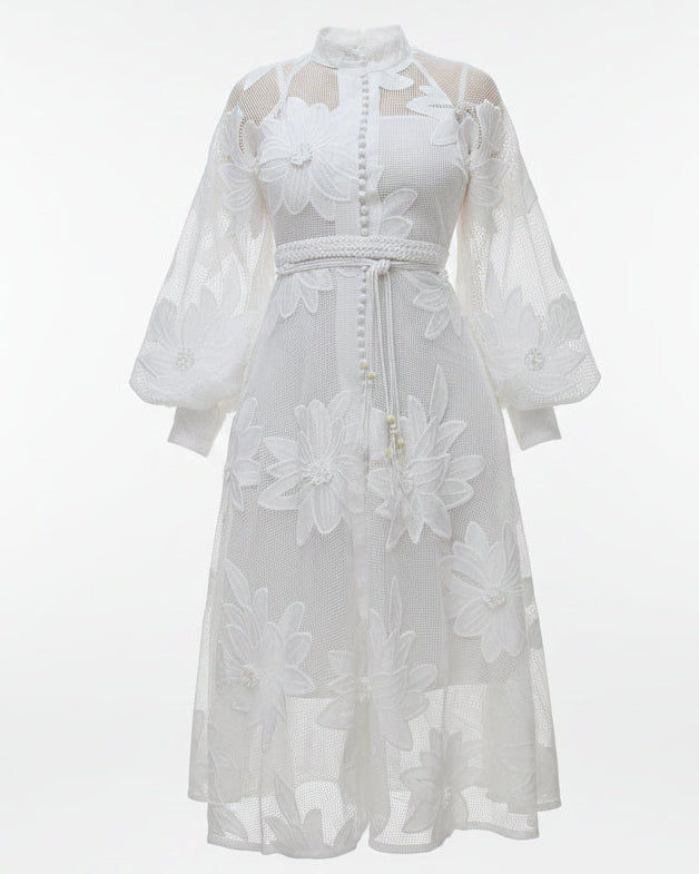 Ethereal White Floral Embroidered Mesh Midi Dress - No Stretch Embroidered Mesh For Elegant Events