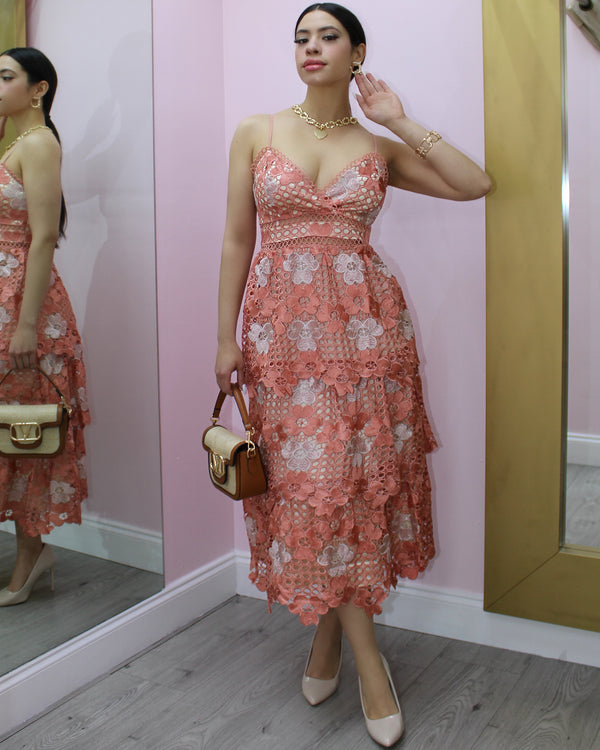 So Romantic Floral Two Tone Crochet Maxi Dress Blush