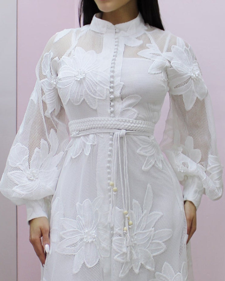 Ethereal White Floral Embroidered Mesh Midi Dress - No Stretch Embroidered Mesh For Elegant Events