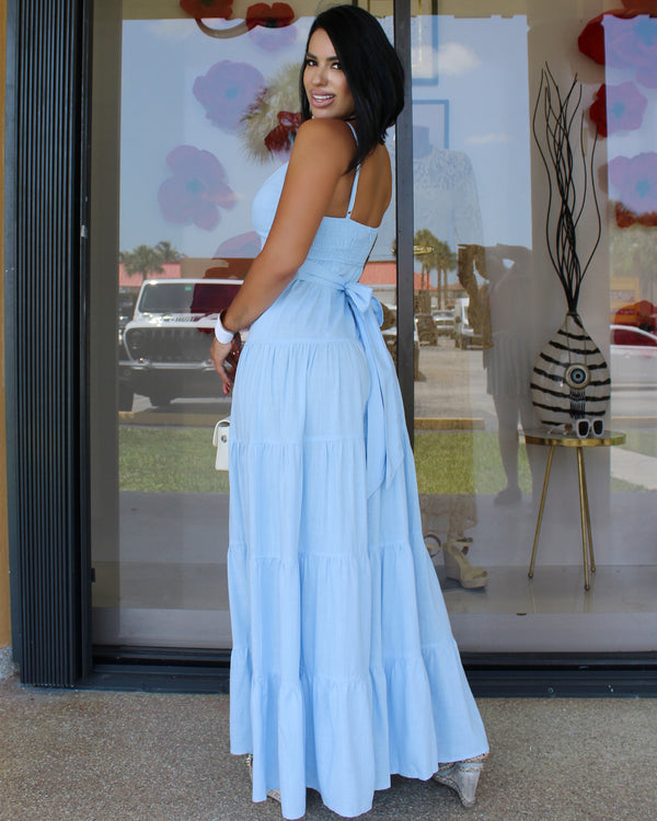 Sky Breeze Linen Maxi  Dress Light Blue