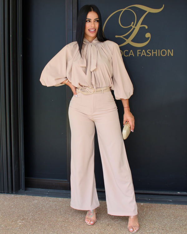Elegant and Polished Wide-Leg 2 Piece Set Beige