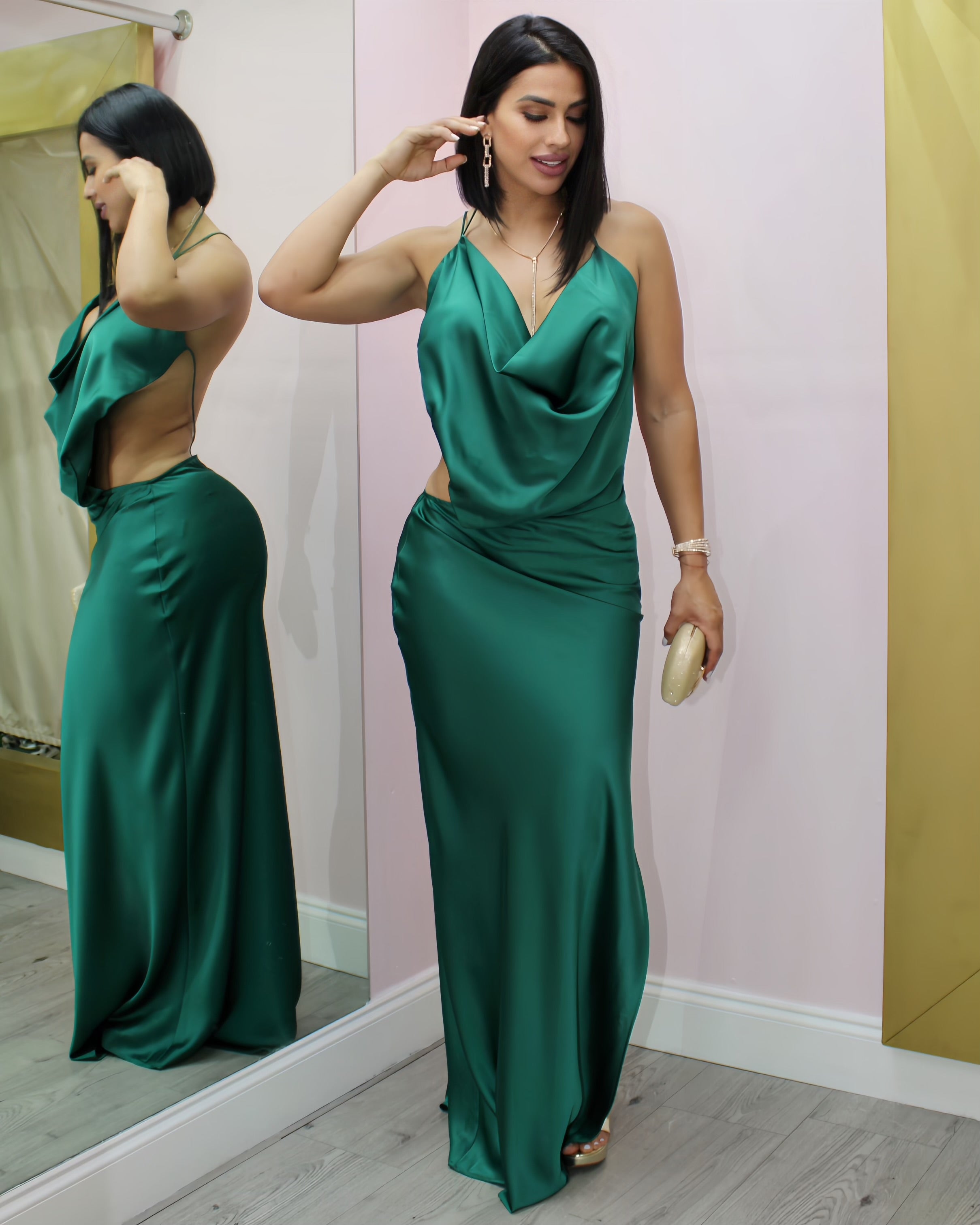 Best Interest Emerald Green Side Slit Maxi Dress For Events In Nonstretch Double Line Polyester
