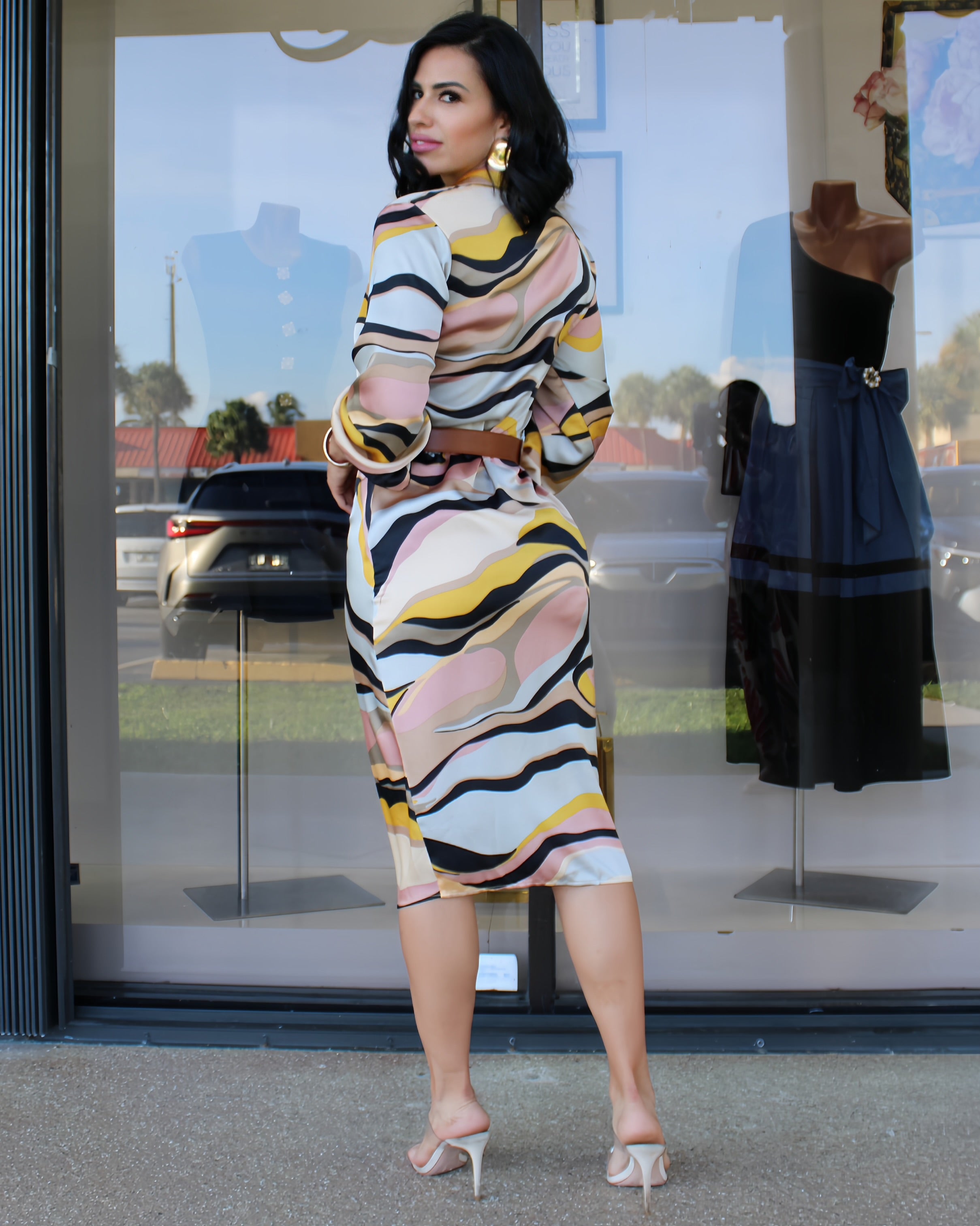 Me Myself And I Satin Midi Dress Multicolor - 100 Percent Satin No Stretch For Flattering Fit