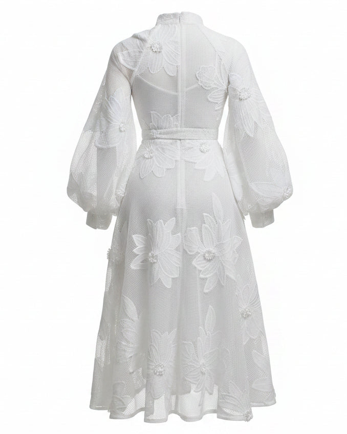 Ethereal White Floral Embroidered Mesh Midi Dress - No Stretch Embroidered Mesh For Elegant Events