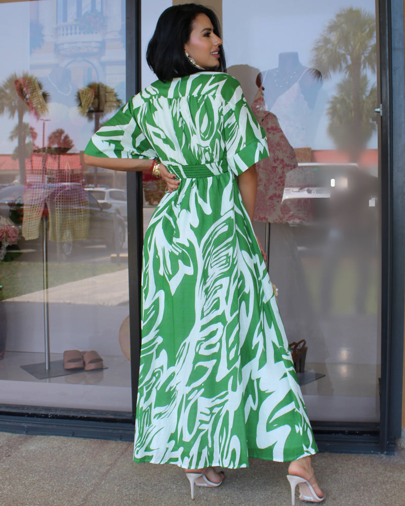 Resort Royalty Linen Maxi  Dress Green