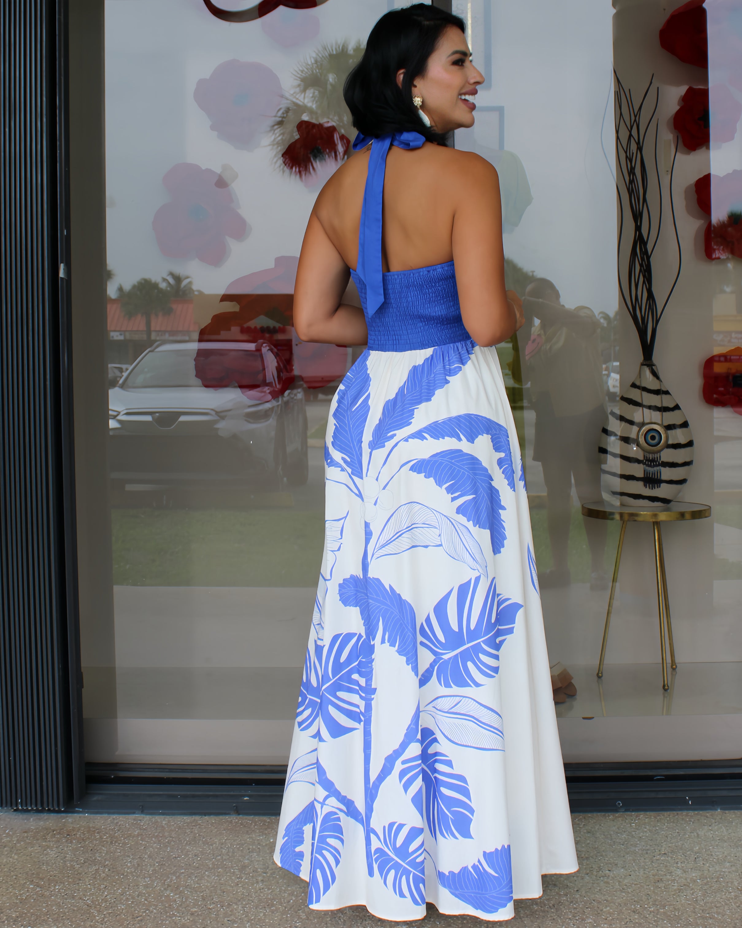Bold Palms Blue Maxi Dress 100 Percent Cotton No Stretch Womens Maxi Dress For Casual Or Event Wear