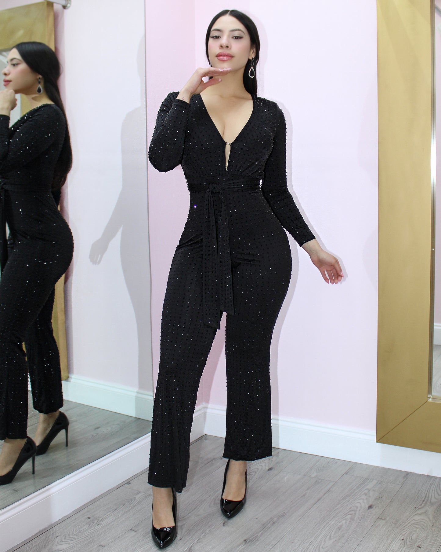 Look At Me Darling Rhinestone Longsleeve Jumpsuit Black