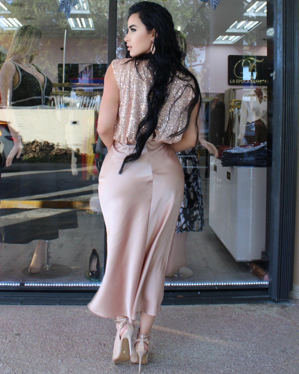Rose Gold Sequin Top Midi Dress With Satin Skirt For Weddings Cocktail Parties Festive Celebrations