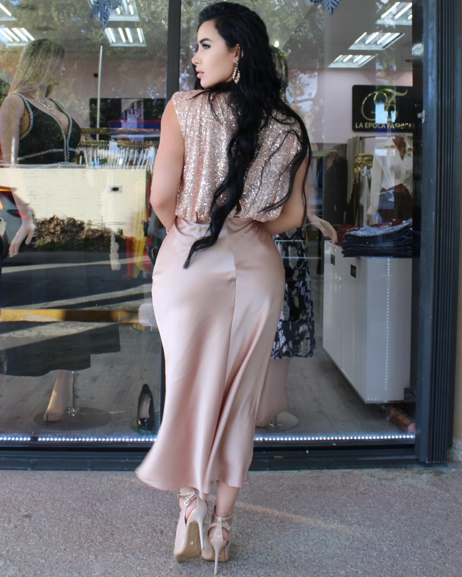 Rose Gold Sequin Top Midi Dress With Satin Skirt For Weddings Cocktail Parties Festive Celebrations