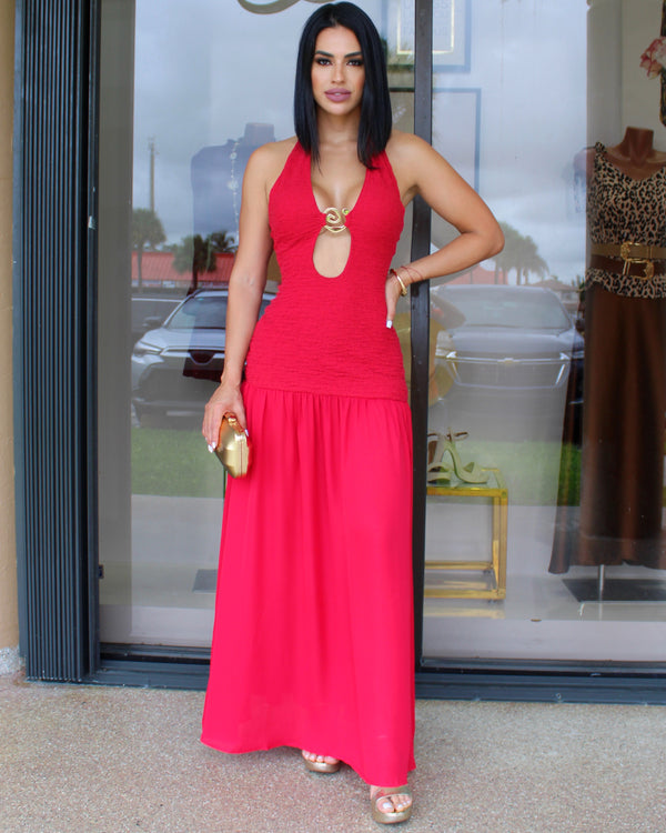 Feel Famous Chain Adorn Maxi Dress Red