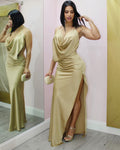 Best Interest Side Slit Maxi Dress Champagne 100 Percent Polyester Non Stretch Formal Evening Dress
