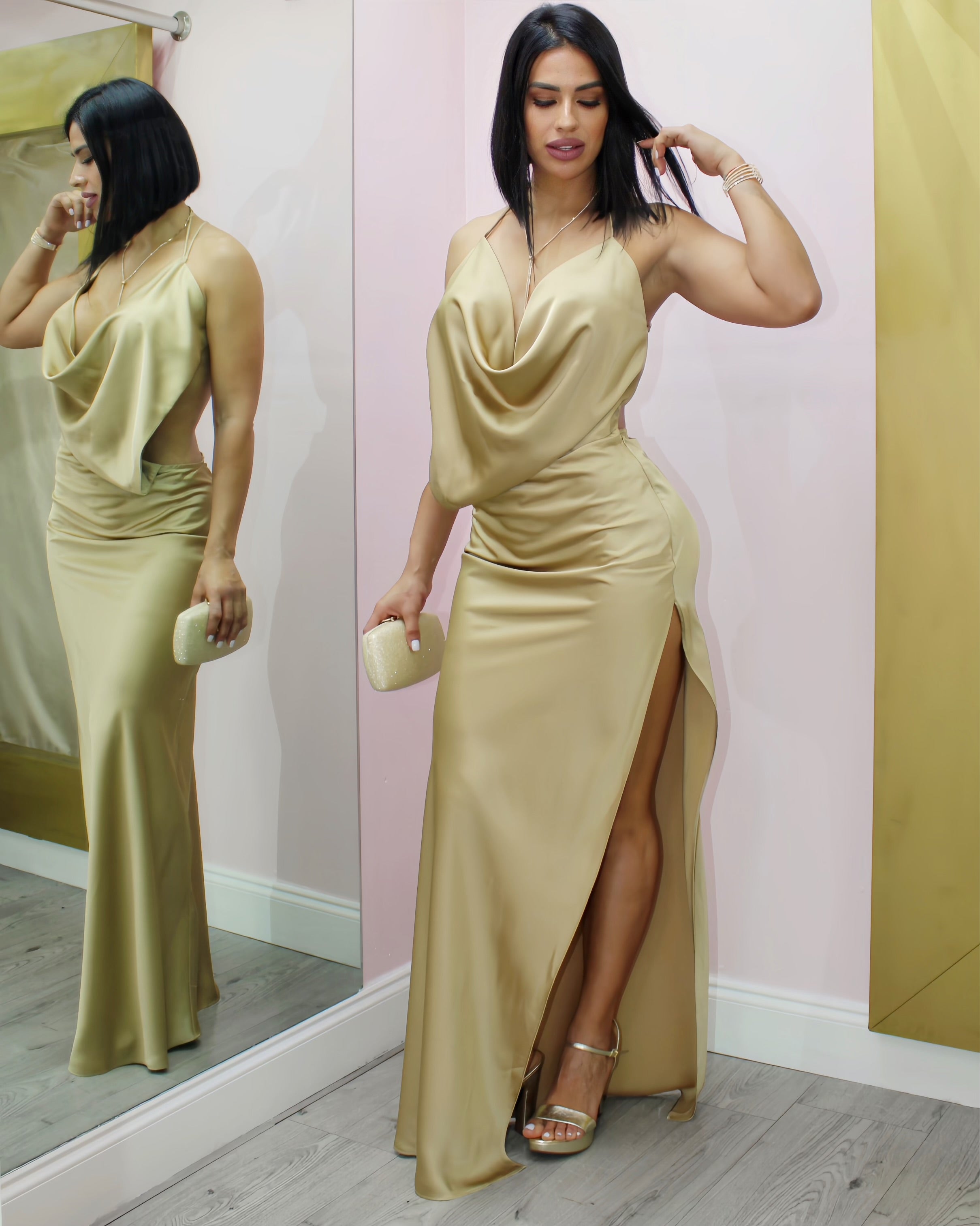 Best Interest Side Slit Maxi Dress Champagne 100 Percent Polyester Non Stretch Formal Evening Dress