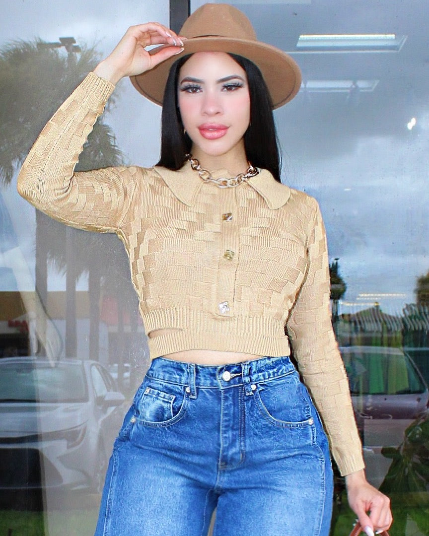 Make Myself Clear Gold Buttons Crop Sweater Caramel - Stretchy Polyester Cotton Blend For Flattering Fit