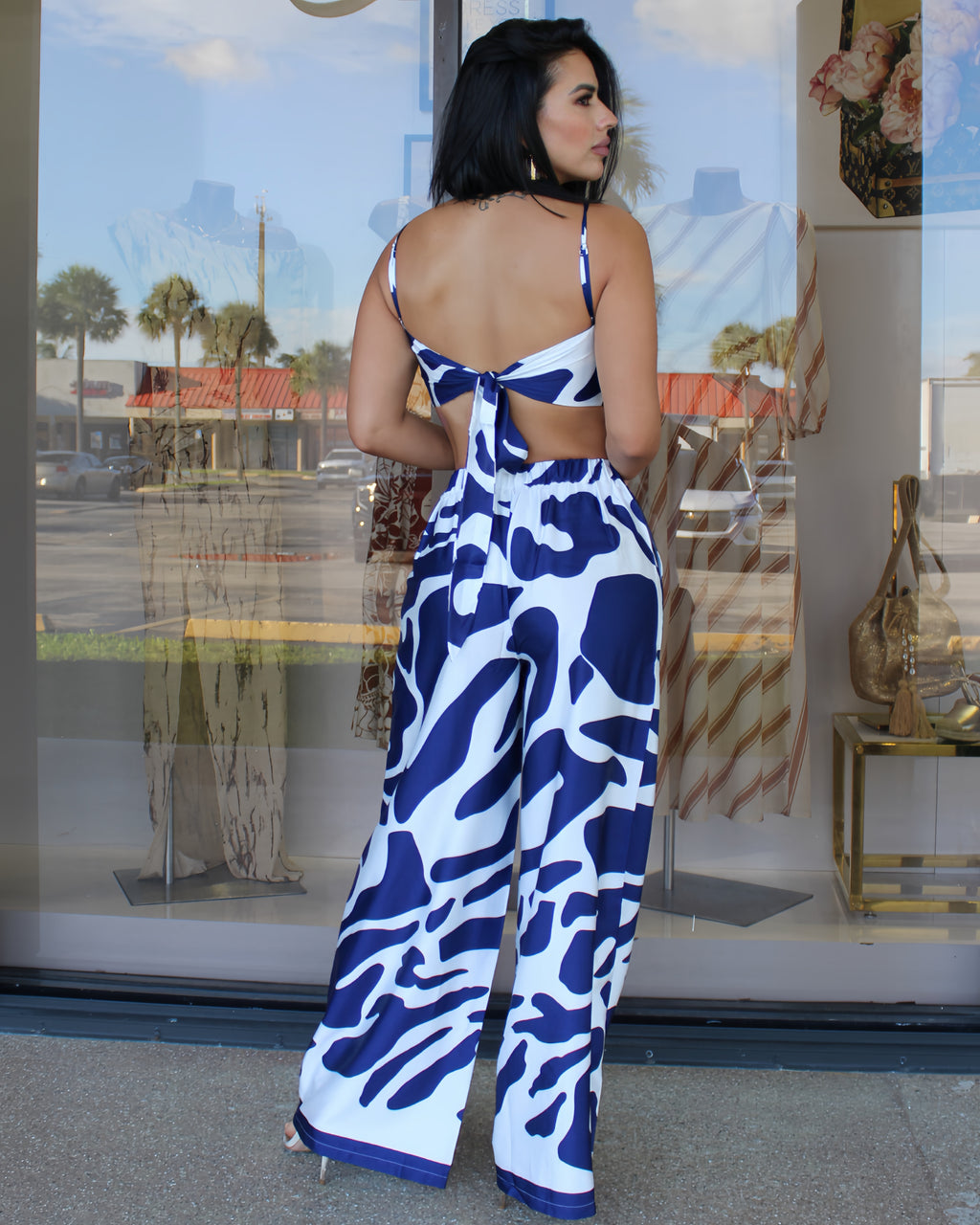 Bold Abstract Chiffon Two Piece Pant Set Navy Lightweight Flowing Silhouettes For Chic Everyday Wear