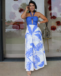 Bold Palms Blue Maxi Dress 100 Percent Cotton No Stretch Womens Maxi Dress For Casual Or Event Wear