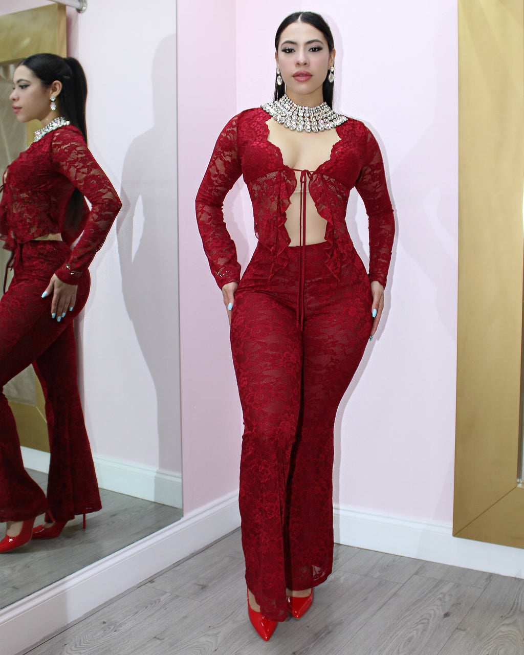 Mistic Ruffle Lace 2 Piece Pant Set Red - Elegant Sheer Lace With Stretch Comfort