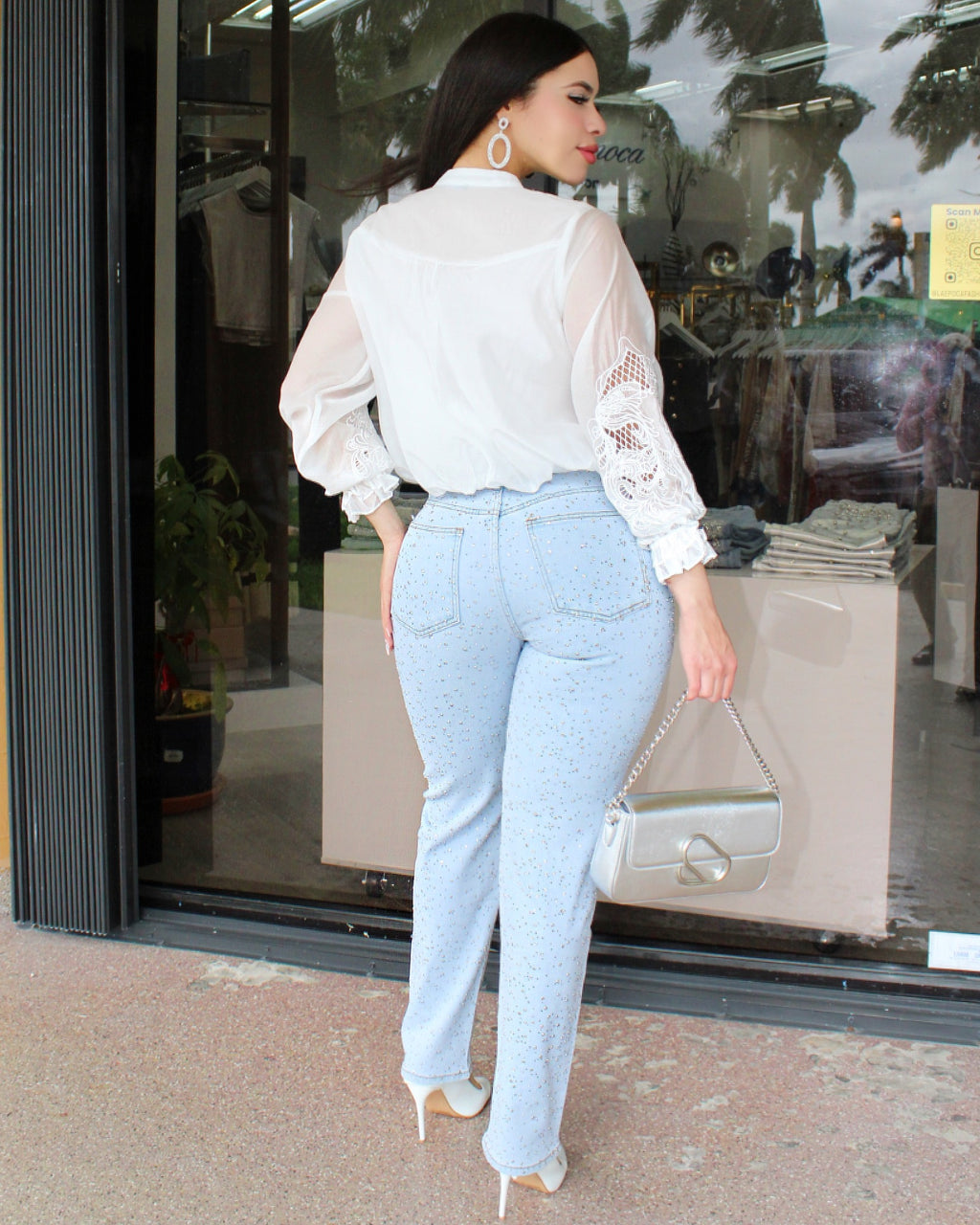 GlamStone Rhinestones Straight Leg Jeans - Moderate Stretch Denim For All Day Comfort
