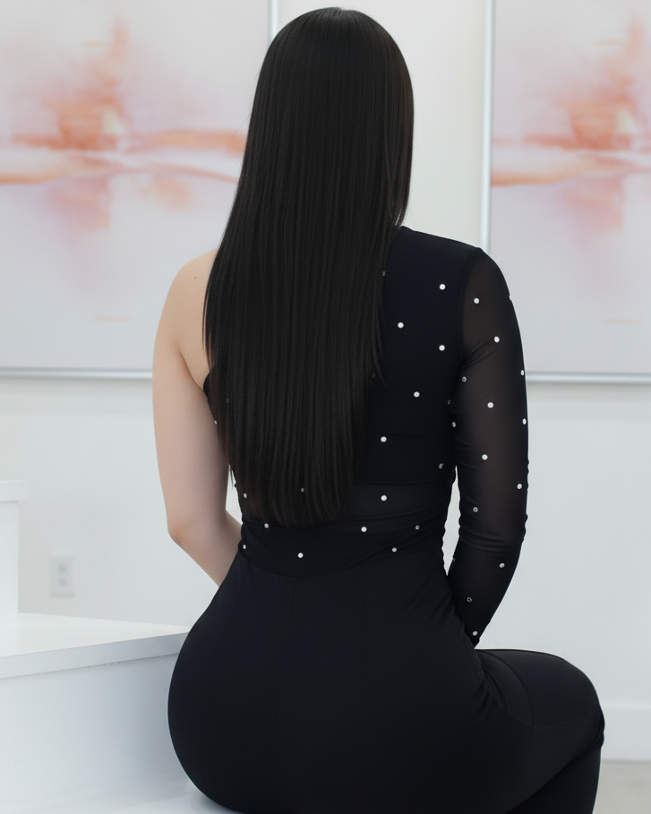 Rhinestone One Shoulder Top Black For Women With Stretch Polyester Cotton Blend Party Evening Wear