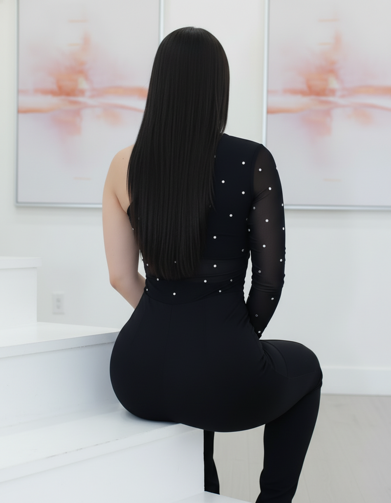 Breaking The Rules Rhinestone One-shoulder  Top Black