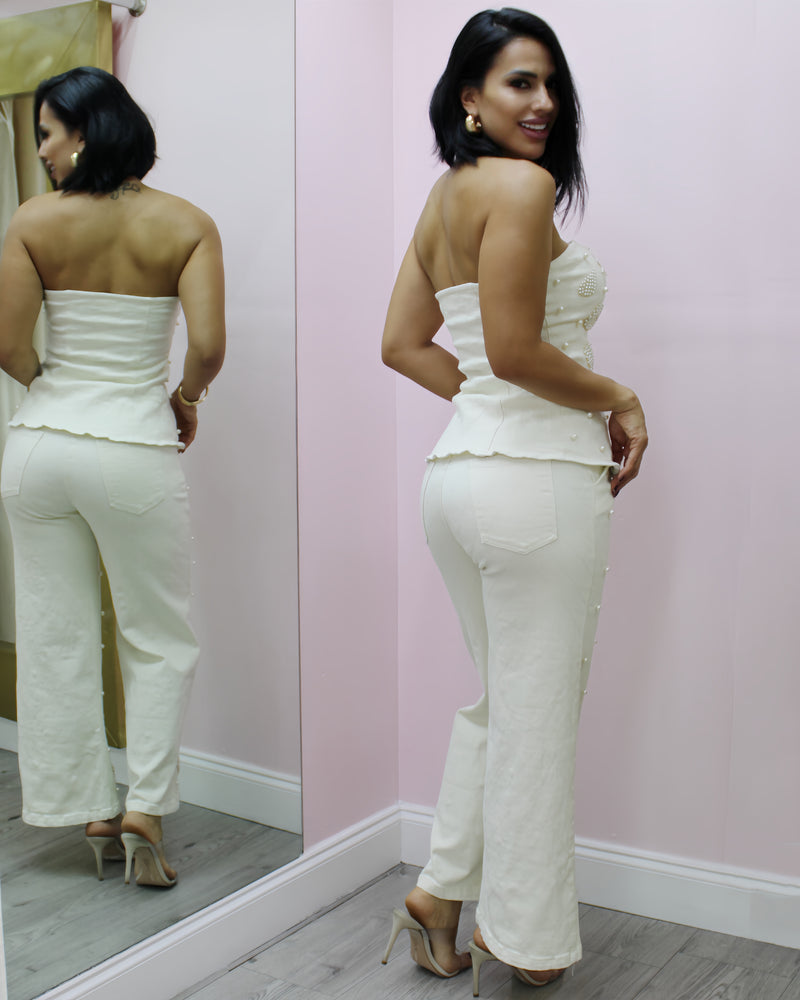 Ivory Luxe – Beaded Strapless 2 Piece Pant Set