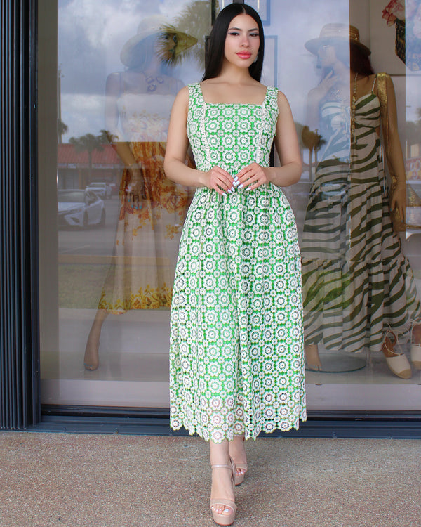 Floral Romance Crochet Maxi Dress Green