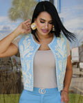 Blue Bloom Floral Embroidered Vest For Women Cotton Spandex Blend Lightweight Statement Top