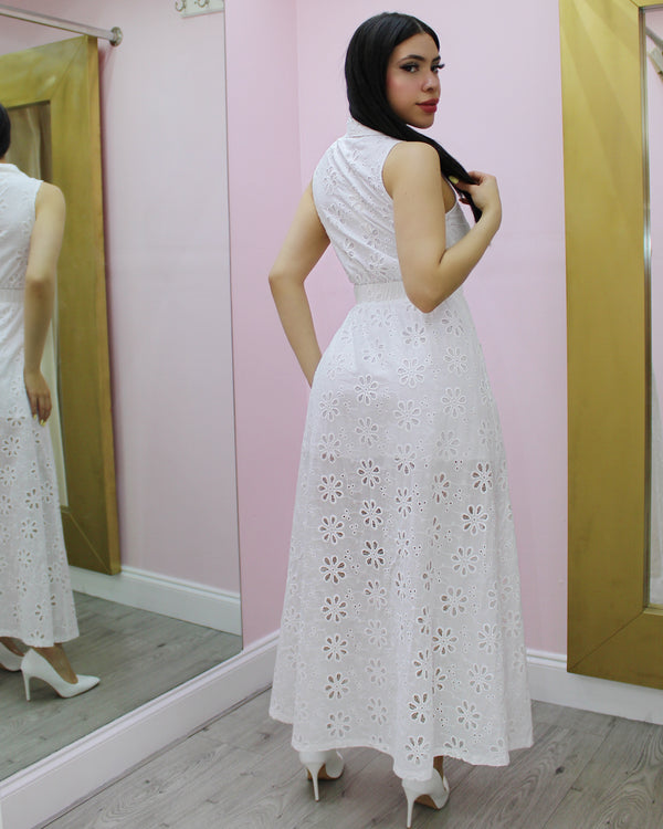 Elegant Eyelet Double Slit Maxi Dress White