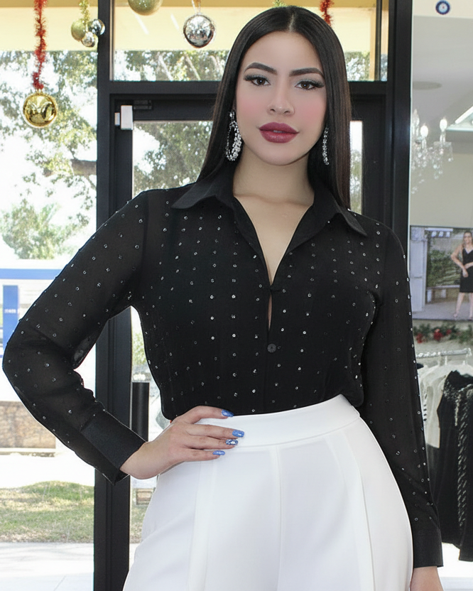Extremely Chic Rhinestone Adorned Mesh Shirt Black - Stretchy 100 Percent Mesh Top For Night Out