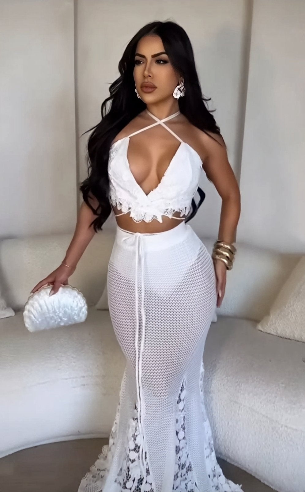 Pretty On Me Crochet Skirt Set White - Stretchy Polyester Comfort For All Day Wear
