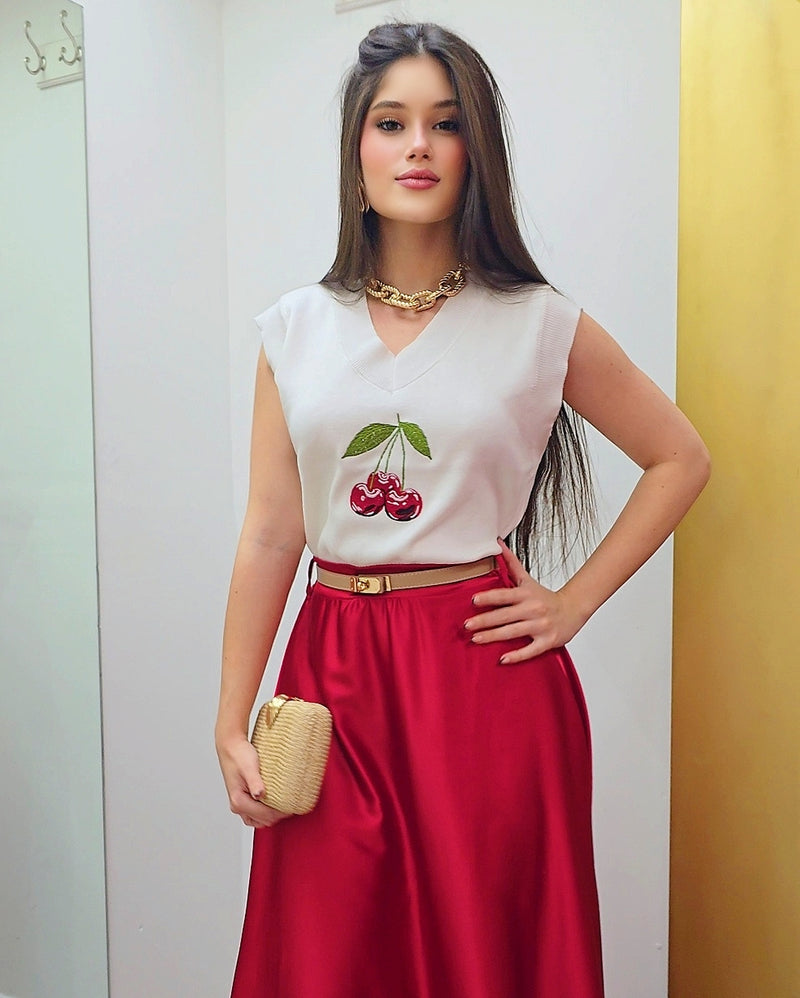 Little Moments Cherry Embroided Crop Top White