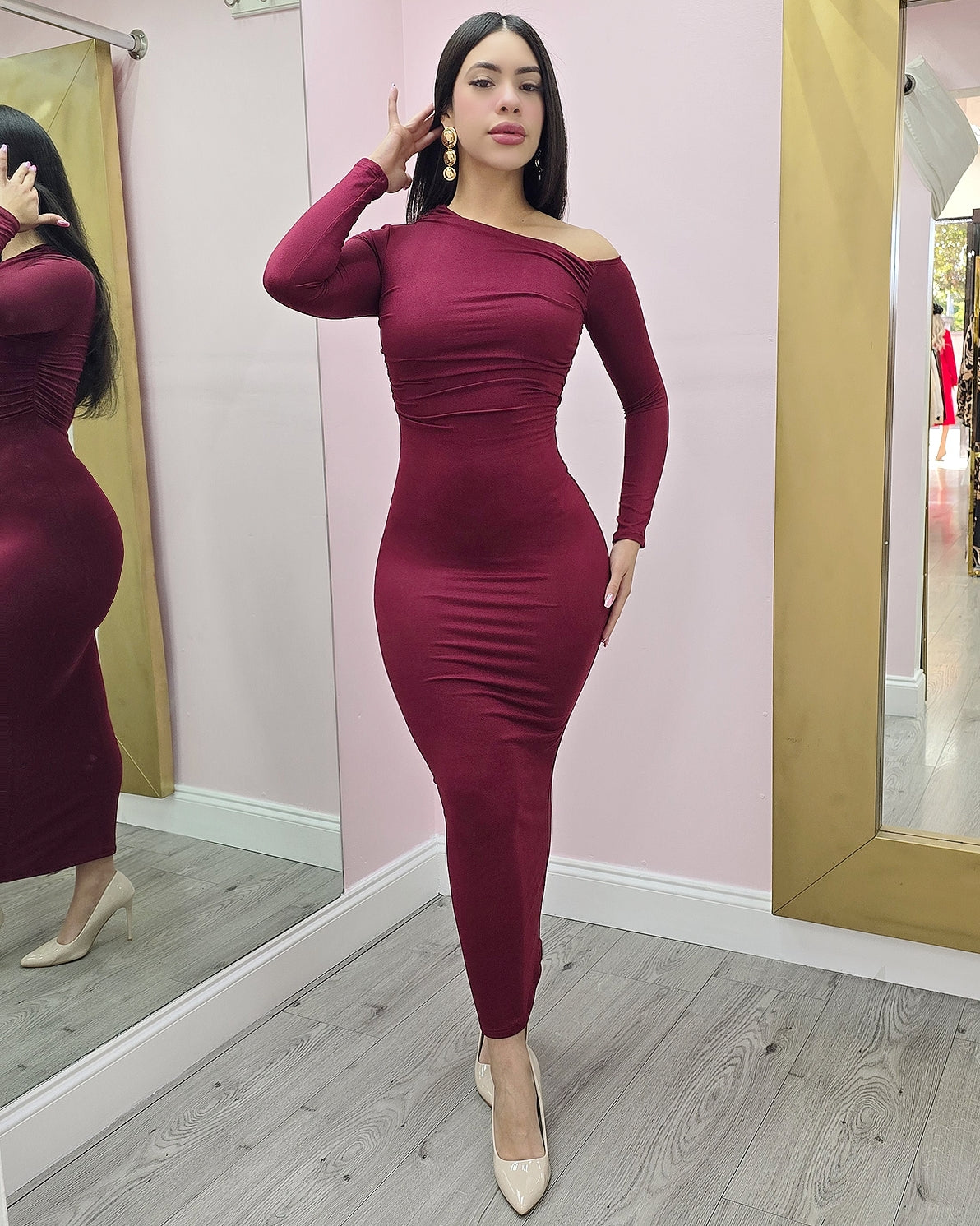 Adore This Double Line Midi Dress Burgundy