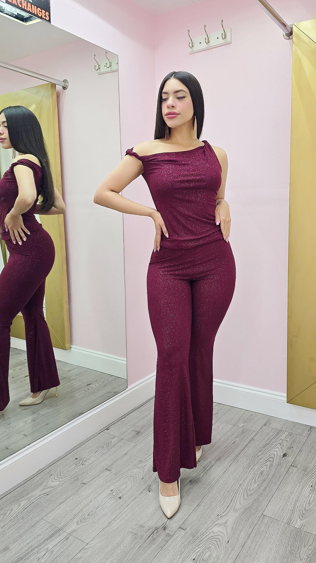 Chic My Way 2 Piece Pant Set Burgundy - Plenty Of Stretch For Flattering Comfort