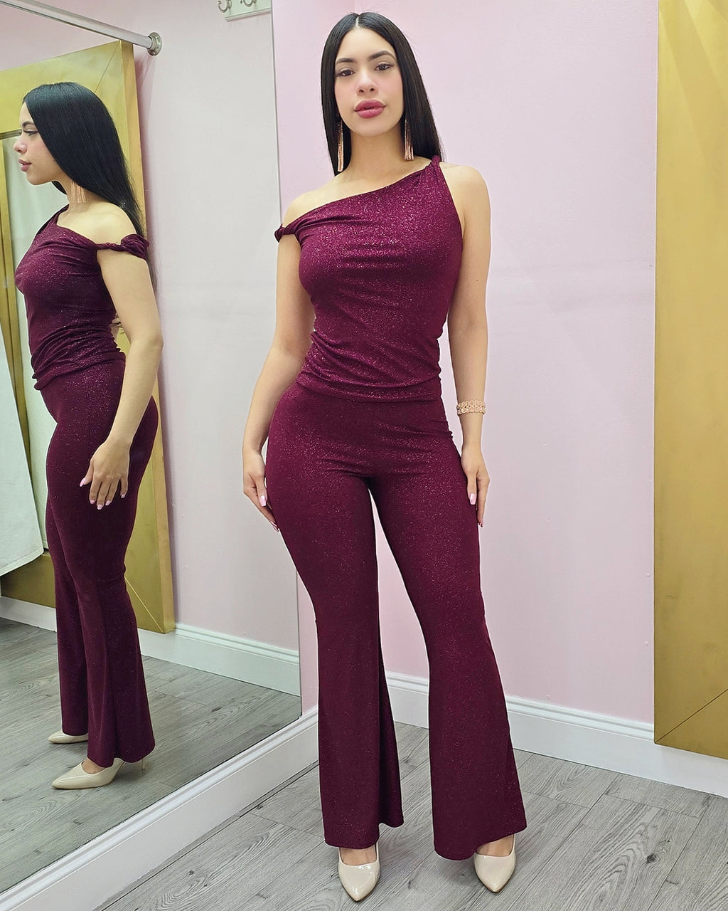 Chic My Way 2 Piece Pant Set Burgundy - Plenty Of Stretch For Flattering Comfort