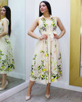 Just For You Lemon Pattern Midi Dress - 100% Chiffon No Stretch, Adjustable Back Straps
