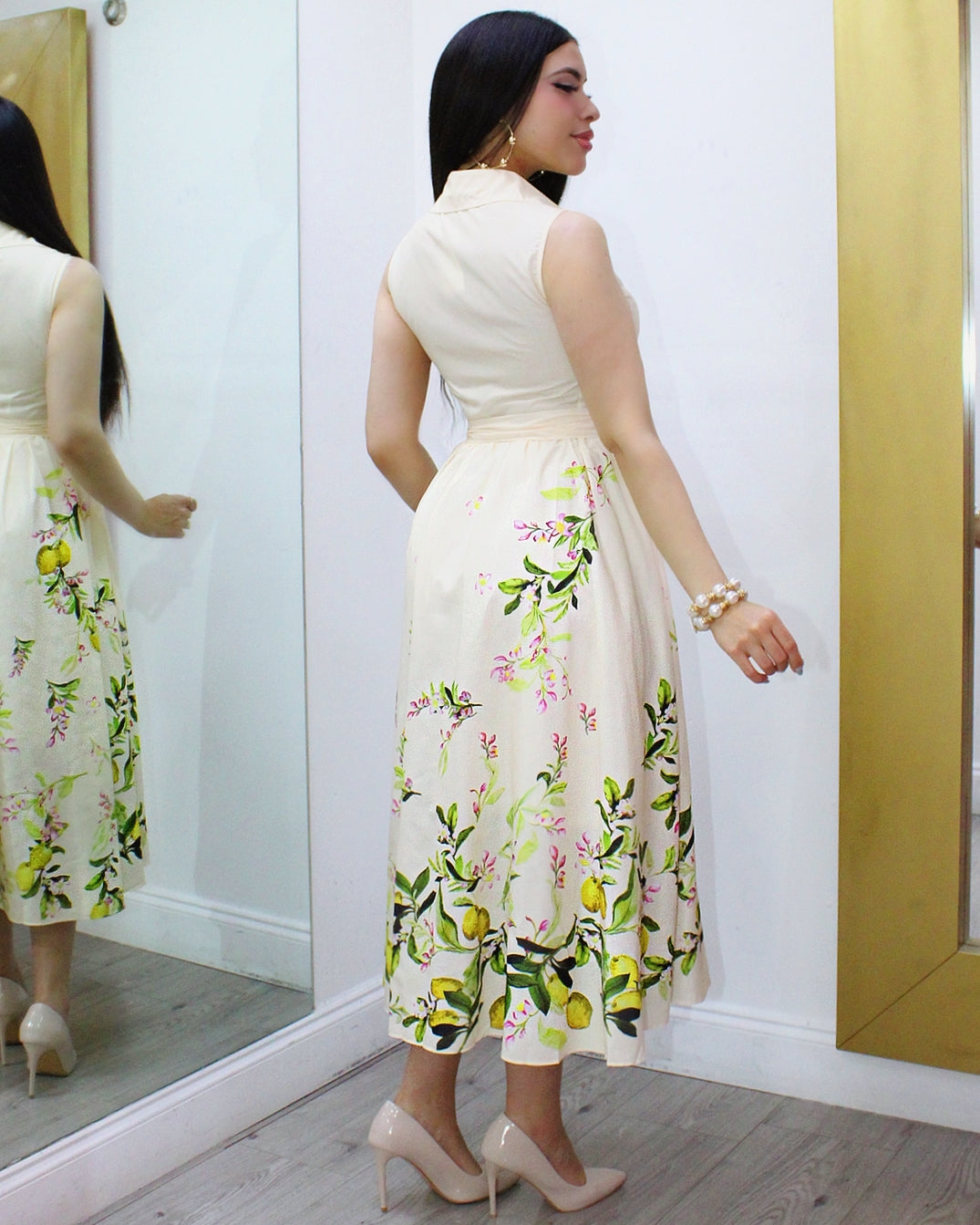 Just For You Lemon Pattern Midi Dress - 100% Chiffon No Stretch, Adjustable Back Straps