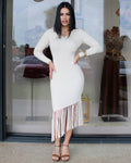 Brand Cream Knit Fringe Midi Dress Long Sleeve Bodycon - 100 Percent Crochet No Stretch