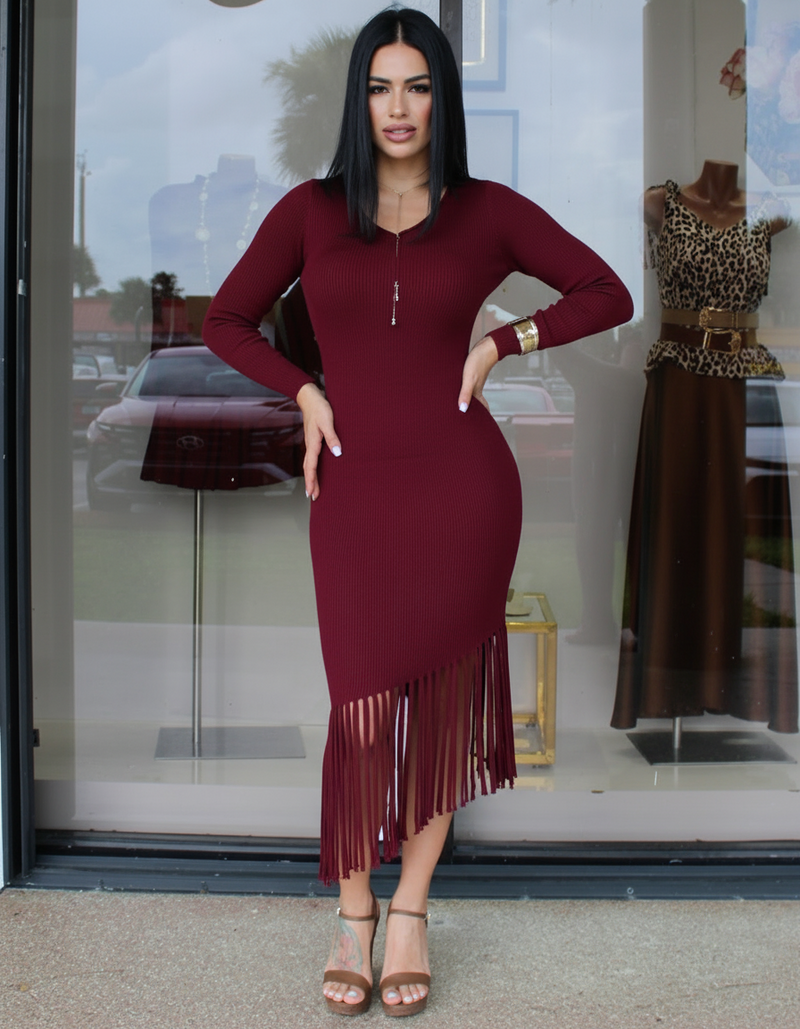 Burgundy Knit Fringe Midi Dress – Long Sleeve Bodycon