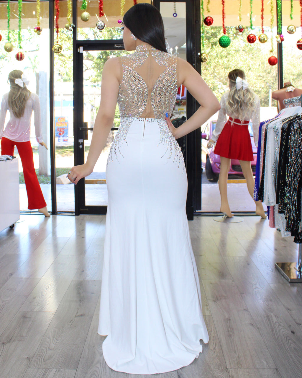 White Rhinestone Adorned Maxi Gown Dress With Mesh And Moderate Stretch For Elegant Evening Events