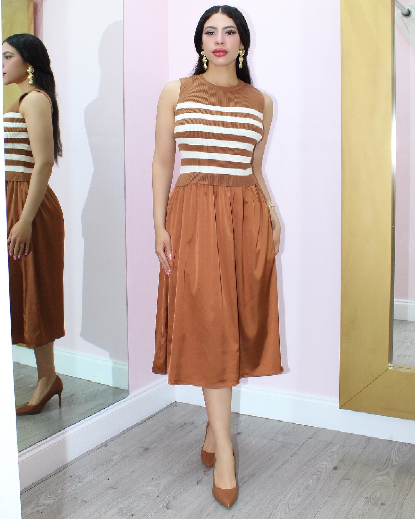 Look At Me Stripes Satin Midi Dress Caramel Brown