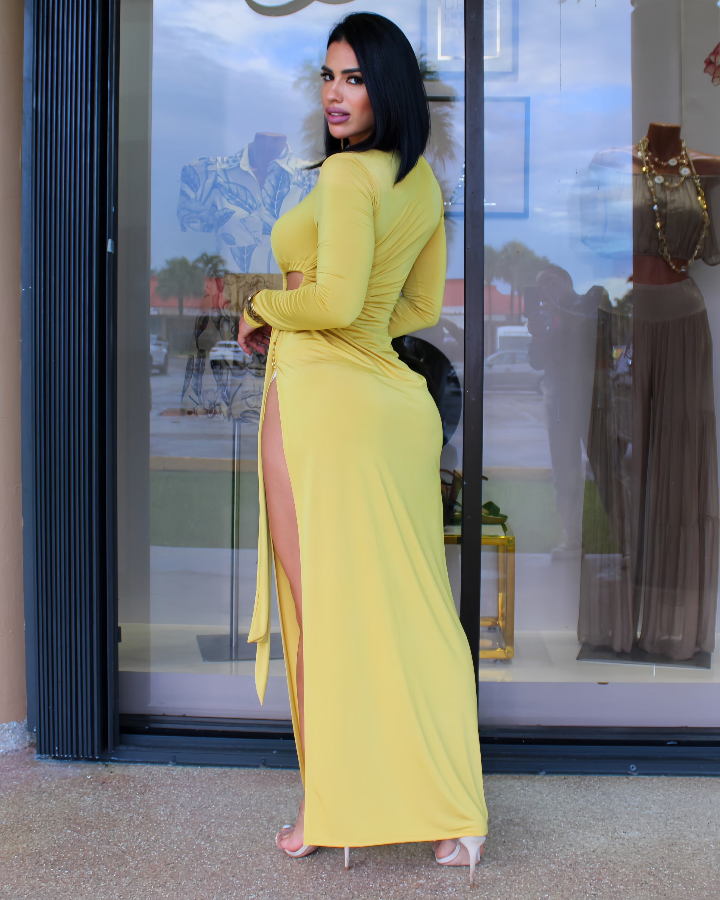Bella Cutout Side Slide Maxi Dress Mustard Double Line Polyester With Comfortable Stretch