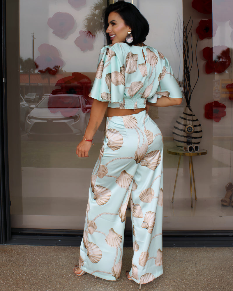 Seashell Breeze Satin Pant Set Blue