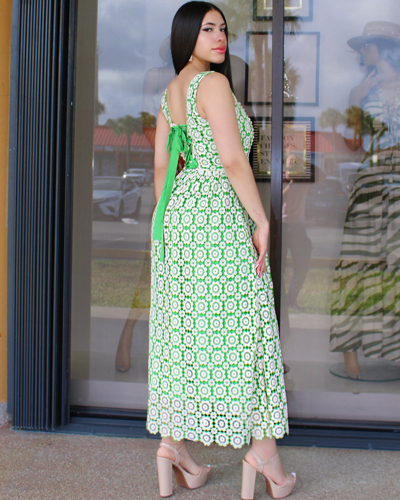 Floral Romance Crochet Maxi Dress Green