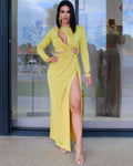 Bella Cutout Side Slide Maxi Dress Mustard Double Line Polyester With Comfortable Stretch