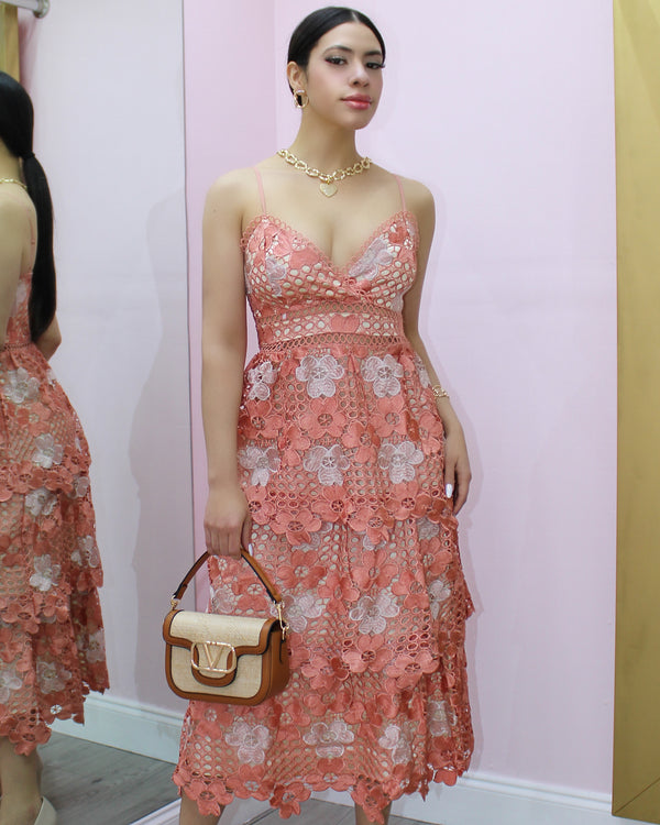 So Romantic Floral Two Tone Crochet Maxi Dress Blush