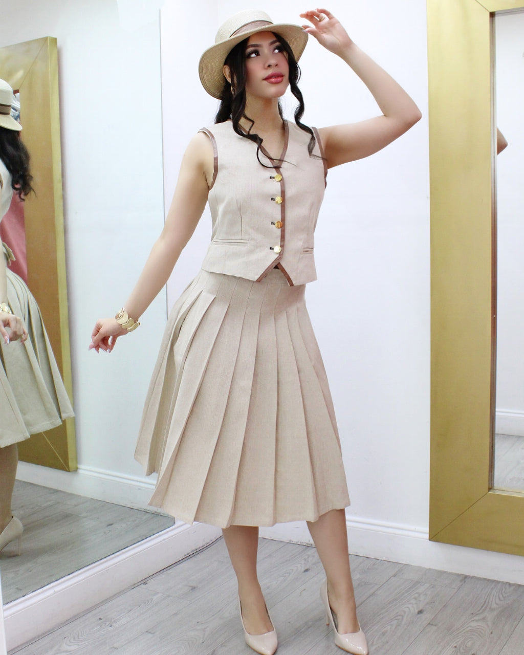 LuxeCanvas Nude Pleated Skirt Set - Two Piece Set Made From Hundred Percent Polyester No Stretch