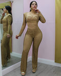 Its Mean To Be Mine Rhinestone Longsleeve Jumpsuit - Gold Sparkle And Stretch For Night Out