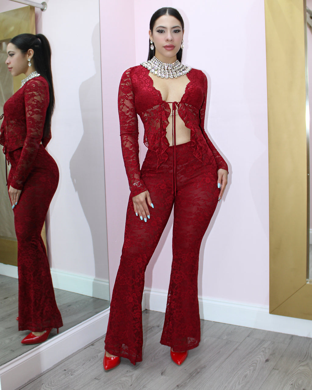 Mistic Ruffle Lace 2 Piece Pant Set Red - Elegant Sheer Lace With Stretch Comfort