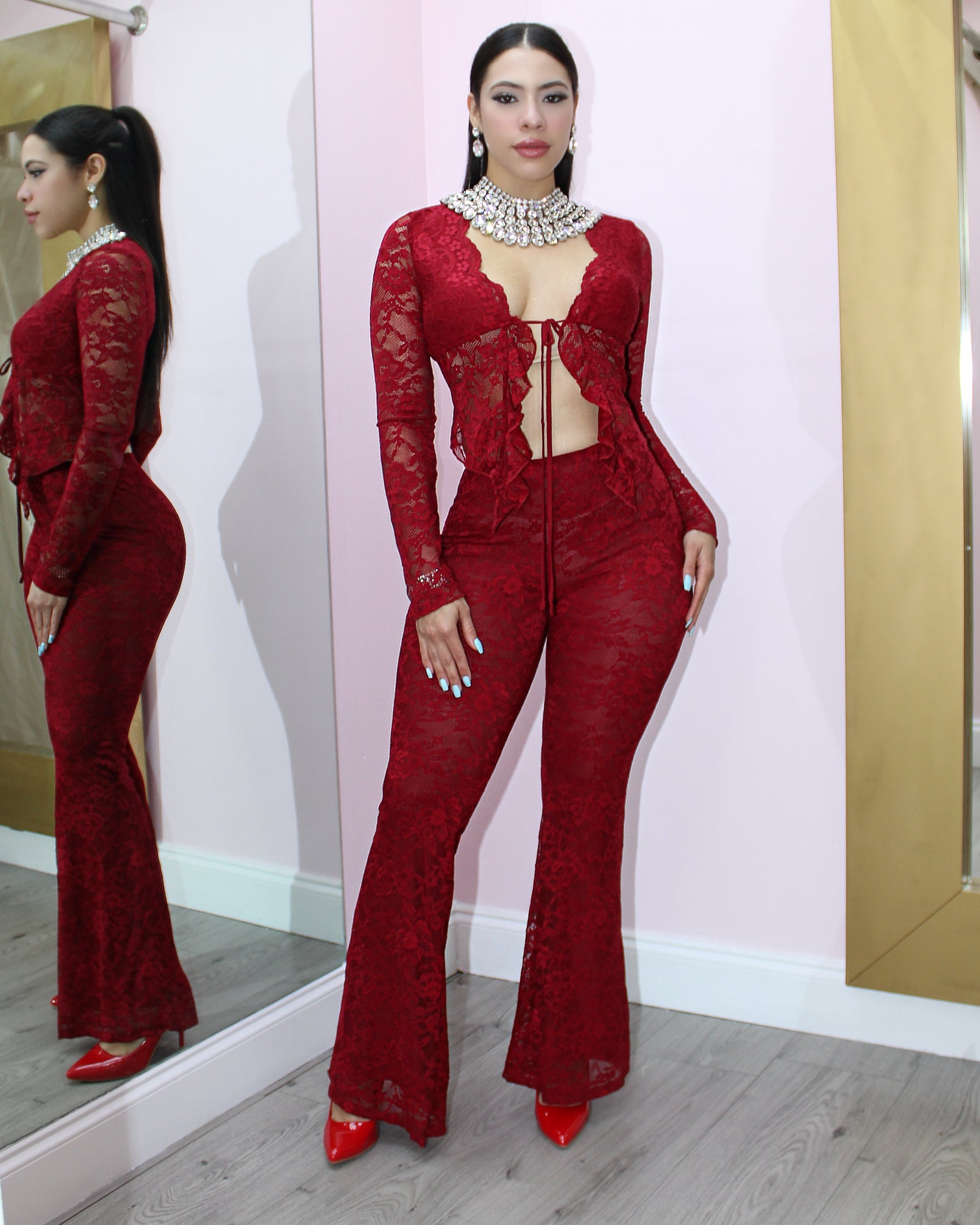 Mistic Ruffle Lace 2 Piece Pant Set Red - Elegant Sheer Lace With Stretch Comfort