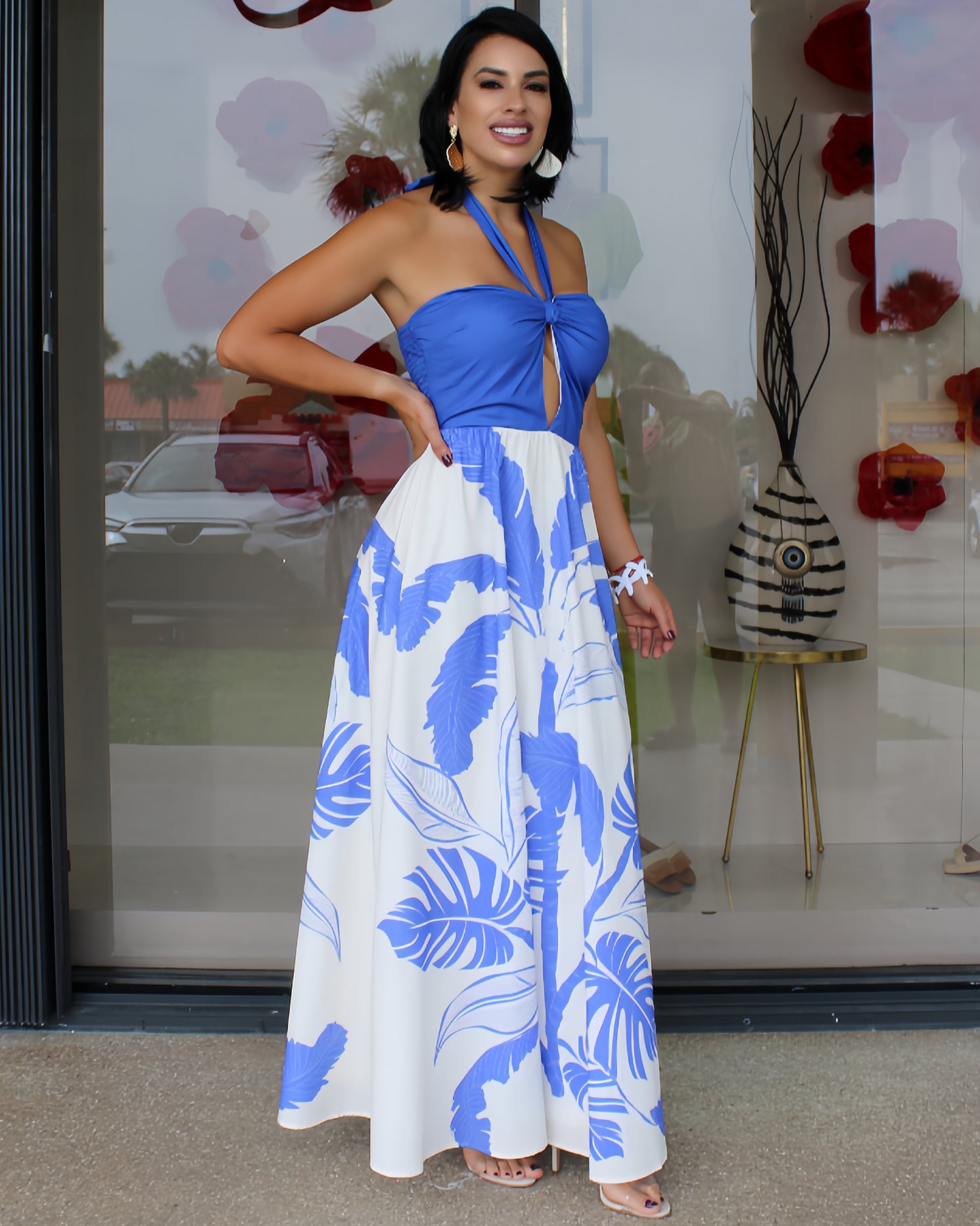 Bold Palms Blue Maxi Dress 100 Percent Cotton No Stretch Womens Maxi Dress For Casual Or Event Wear