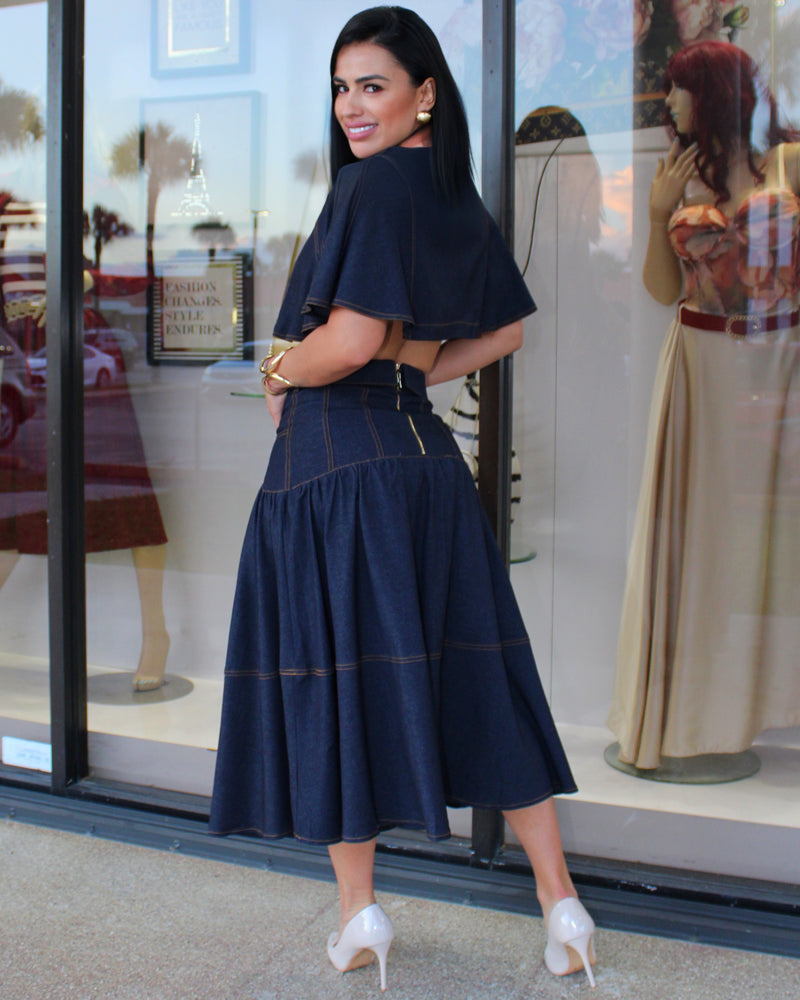 Dark Denim Two-Piece Set with Cropped Cape Top